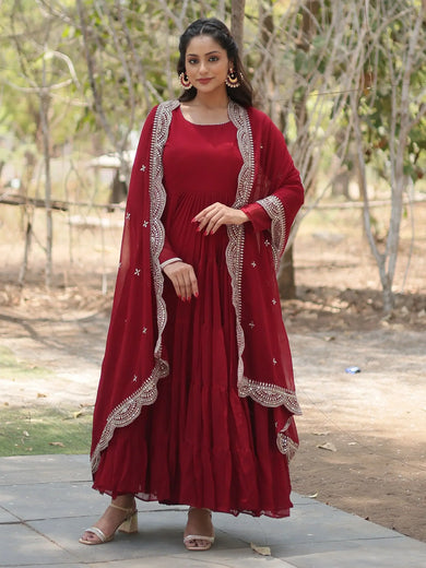 Glamorous Maroon Georgette Festival Wear Gown With Dupatta